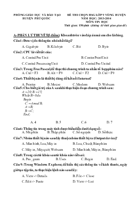 Đề thi chọn học sinh giỏi lớp 9 vòng huyện năm học 2013 - 2014 môn Tin Học